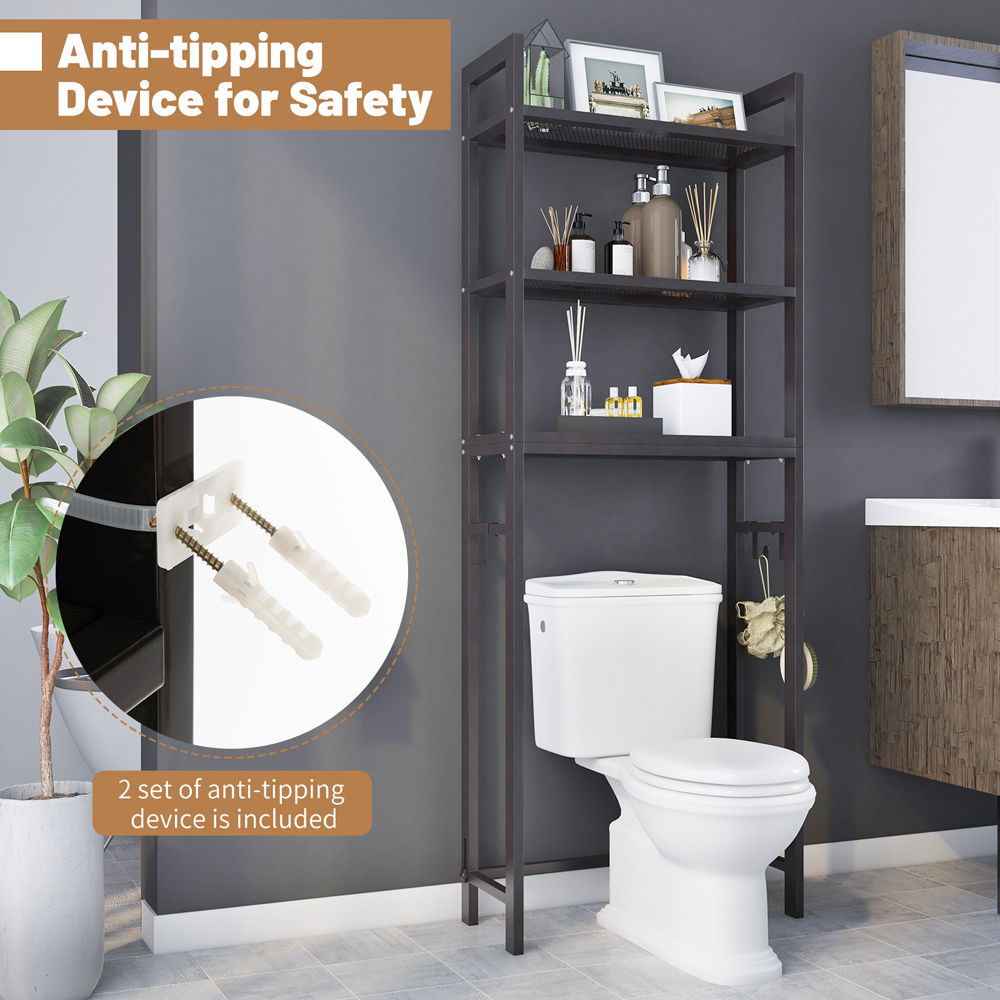 Costway 3 Shelf Brown Over The Toilet Storage Shelf with Hooks Image 6