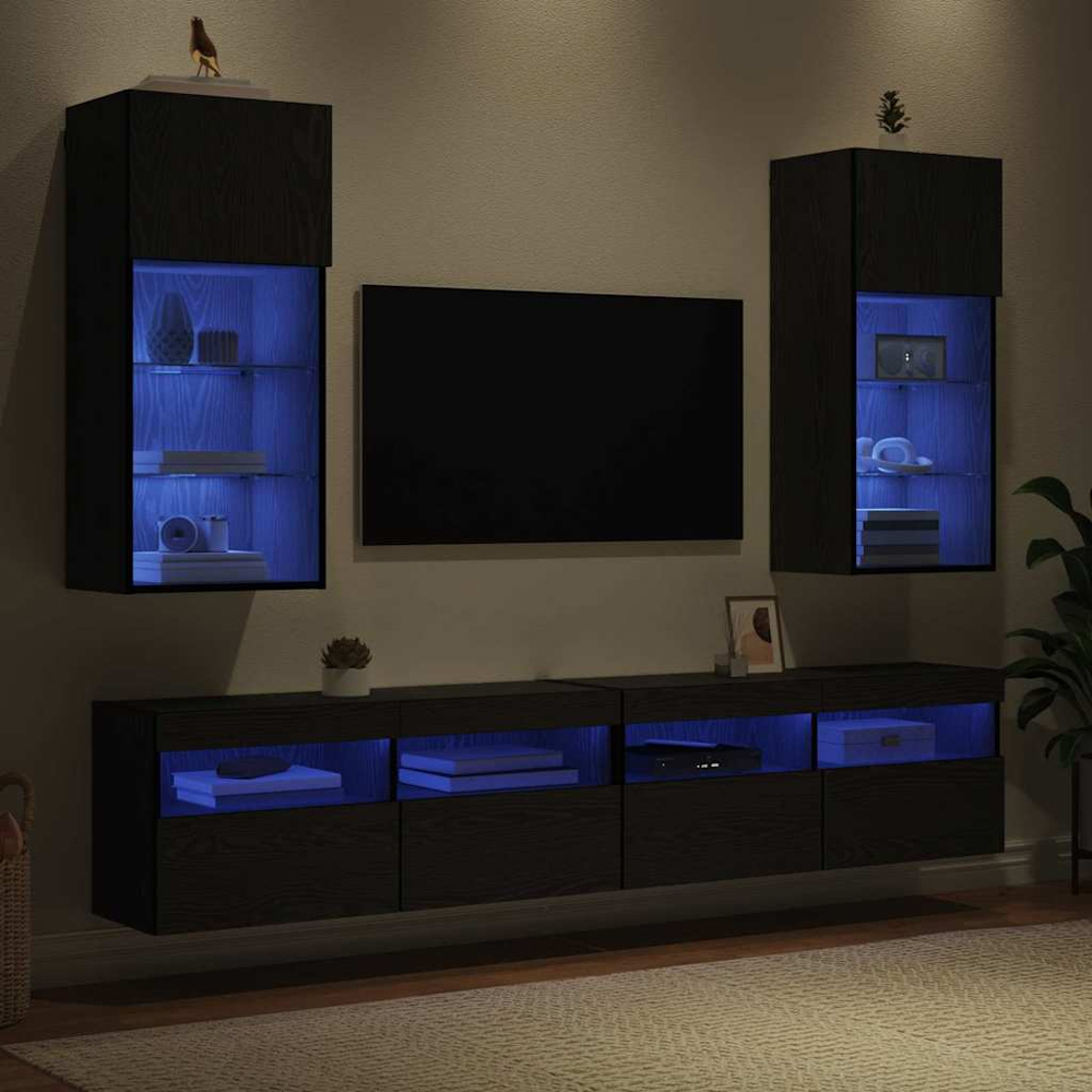 vidaXL Single Door 3 Shelf Black Oak Wide Wall Mounted LED TV Unit Set of 2 Image 9