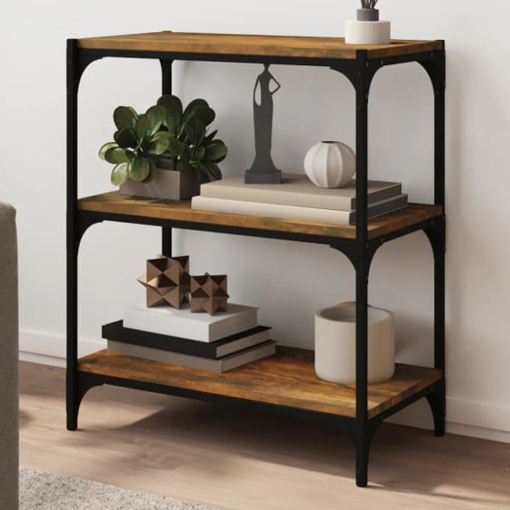 vidaXL 3 Shelf Smoked Oak Processed Wood and Steel Bookcase Image 1