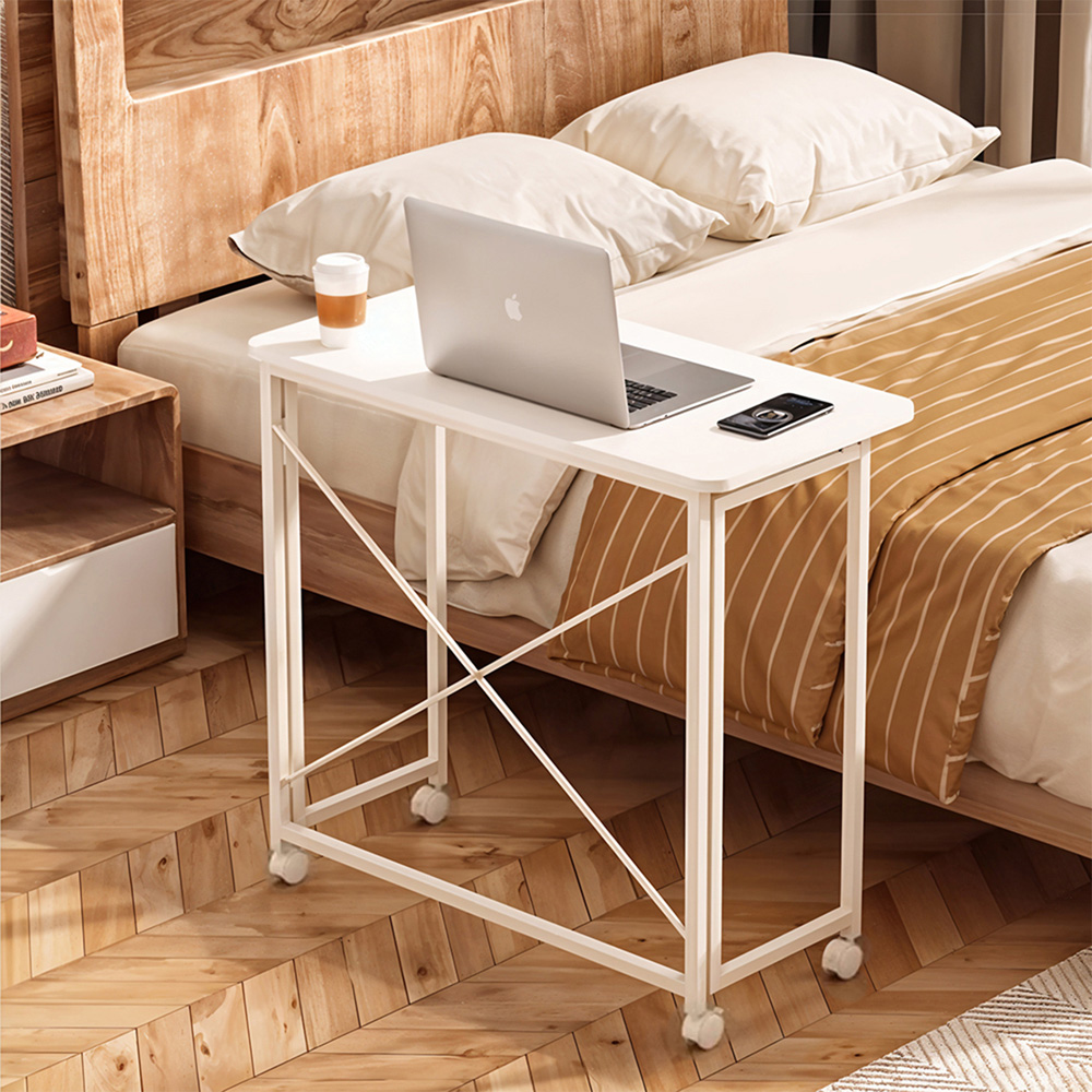 Living and Home Metal Frame Foldable Office Desk with Lockable Casters Cream White Image 7