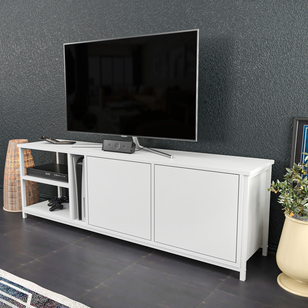 Decorotika Primrose 2 Door 3 Shelf White TV Stand for 72 inch TV Image 5