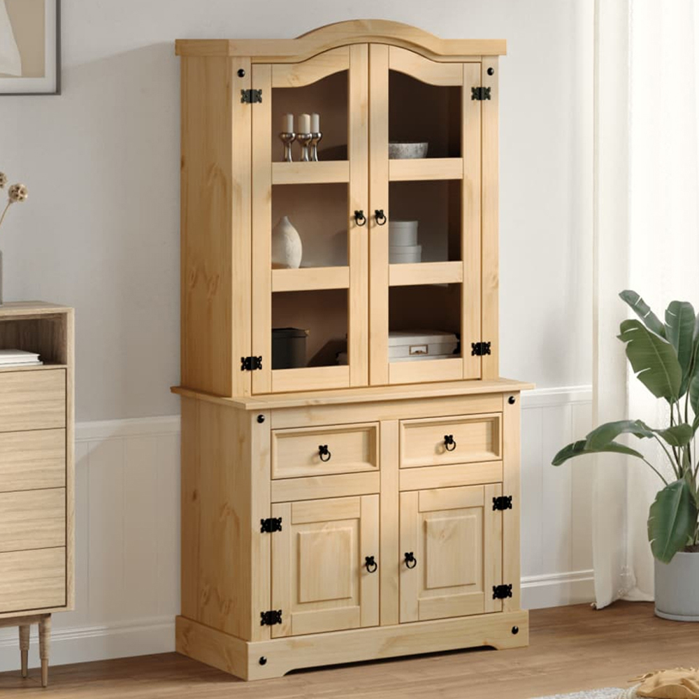 vidaXL 4 Door 2 Drawer 3 Shelf Brown Solid Pine Wood Glass Display Cabinet Image 1