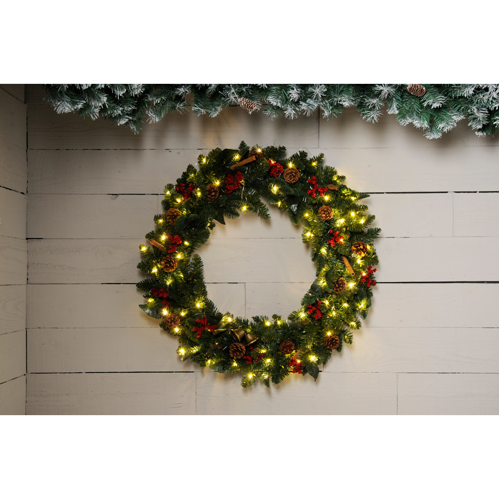 Festive Warm White LED Christmas Wreath with Cinnamon Berries and Pinecones 80cm Image 2