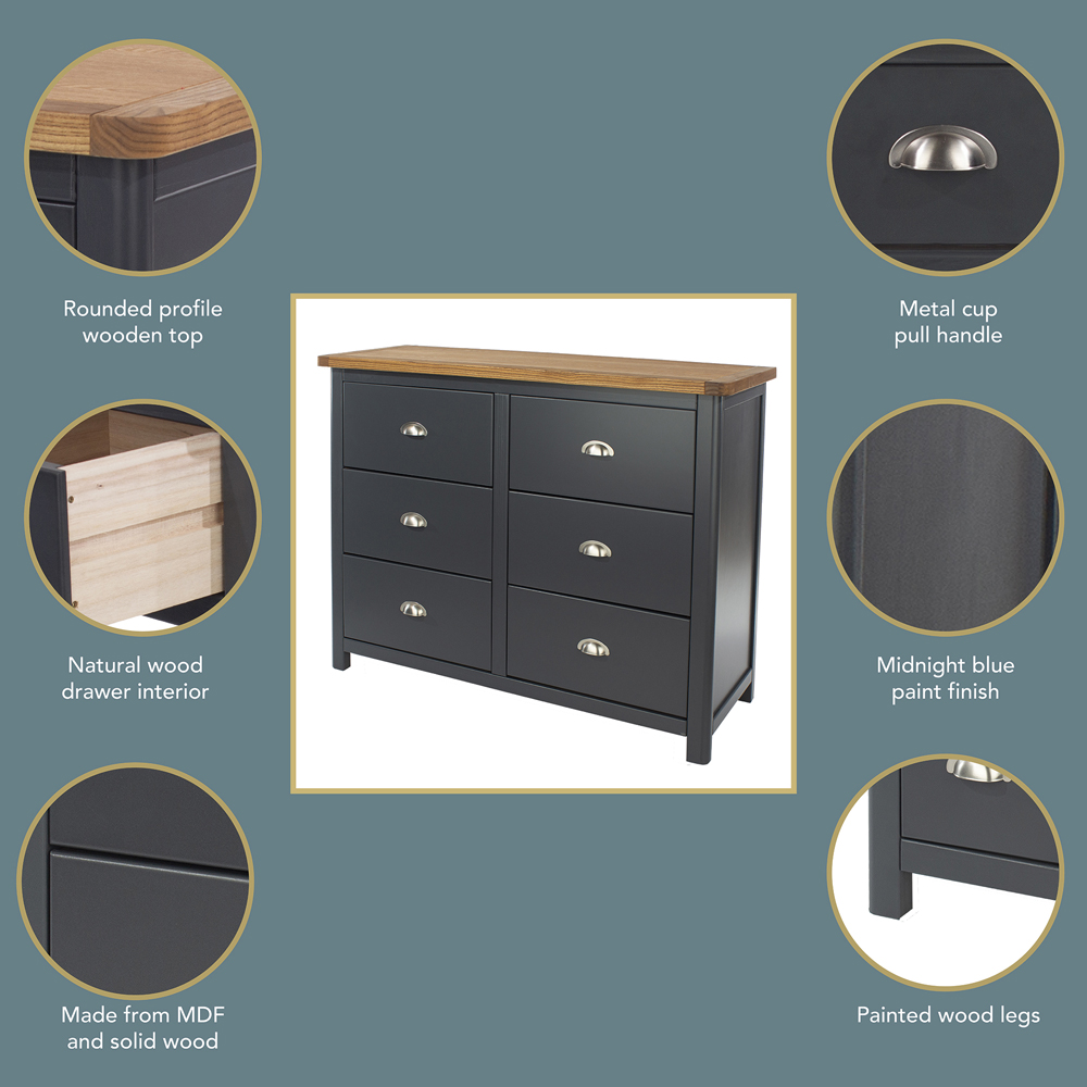 Core Products Dunkeld 6 Drawer Midnight Blue Wide Chest of Drawers Image 5