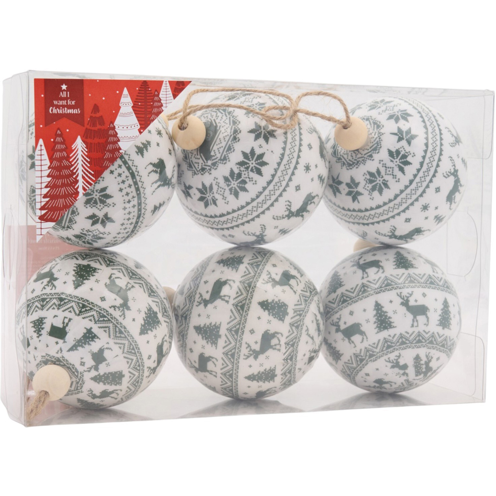 Set of 6 Sage Fair Isle Pattern Baubles Image 2