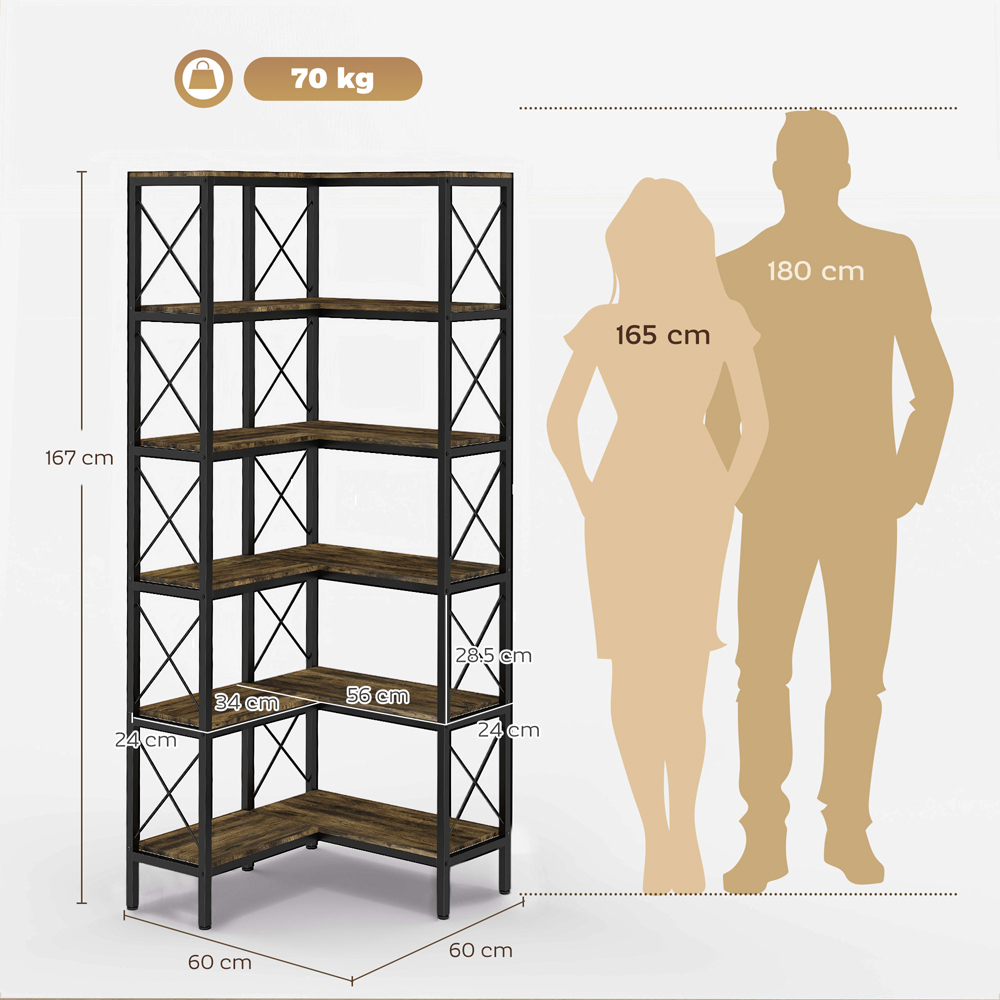 HOMCOM 5-Tier Rustic Brown L-Shaped Bookshelf Image 8