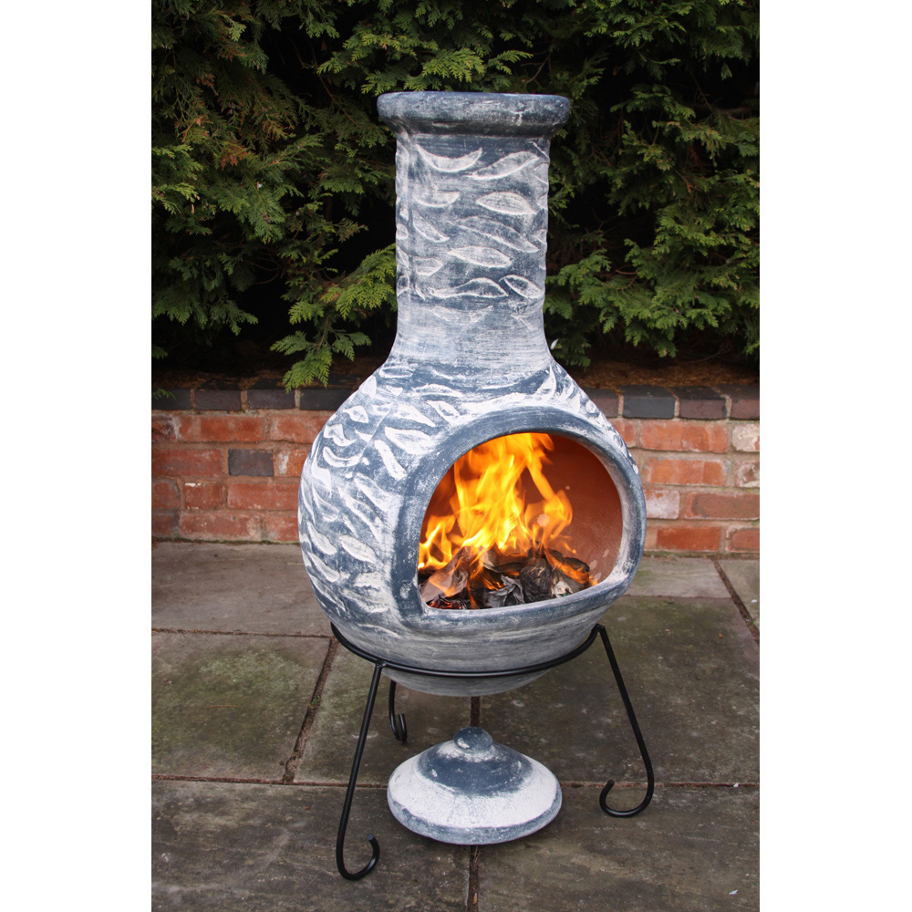 Gardeco Olas Extra Large Bluey Grey Mexican Chimenea with Stand and Lid Image 4