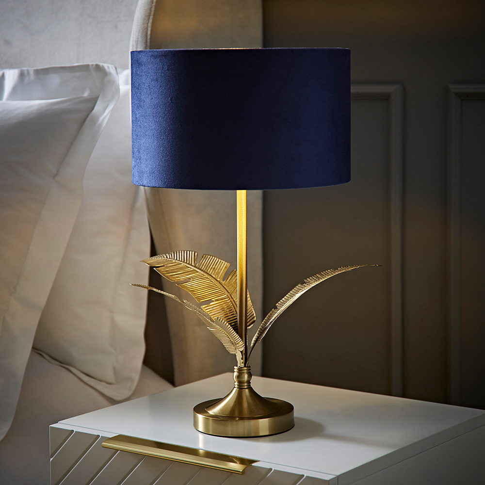 ValueLights Christina Navy Velvet and Gold Palm Leaf Table Lamp with Bulb Image 6
