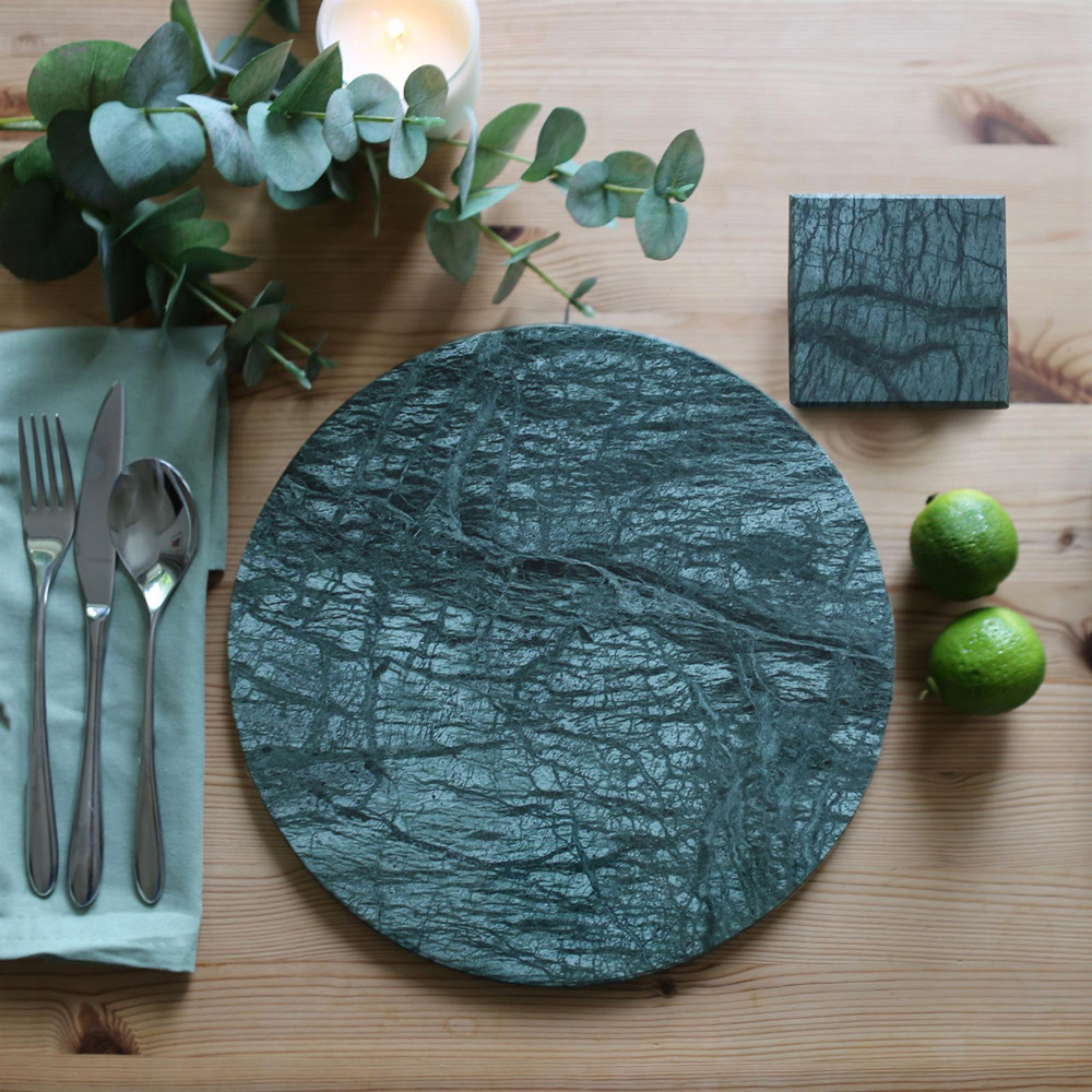 Argon Tableware Green Round Marble Placemat and Square Coaster Set 6 Pack Image 3