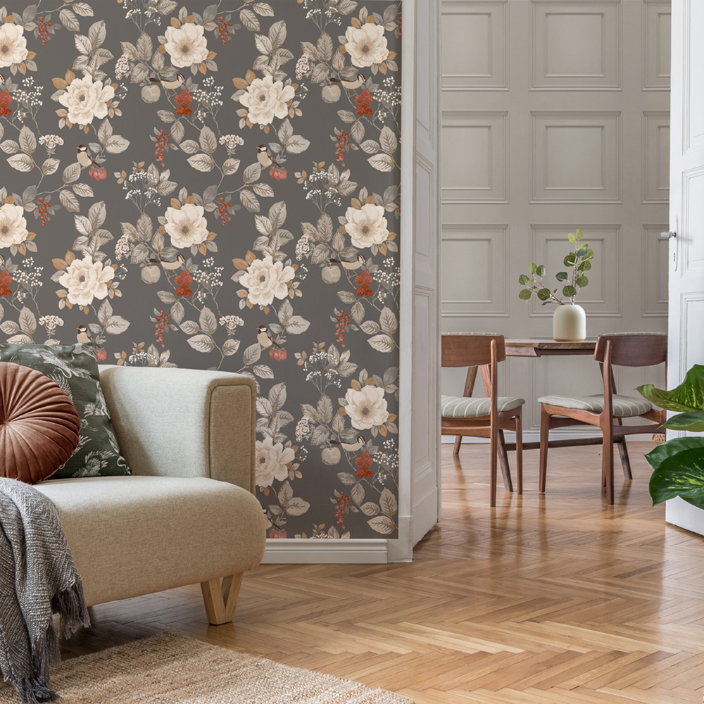 Belgravia Decor Bramble Floral Motif Charcoal Wallpaper Image 4