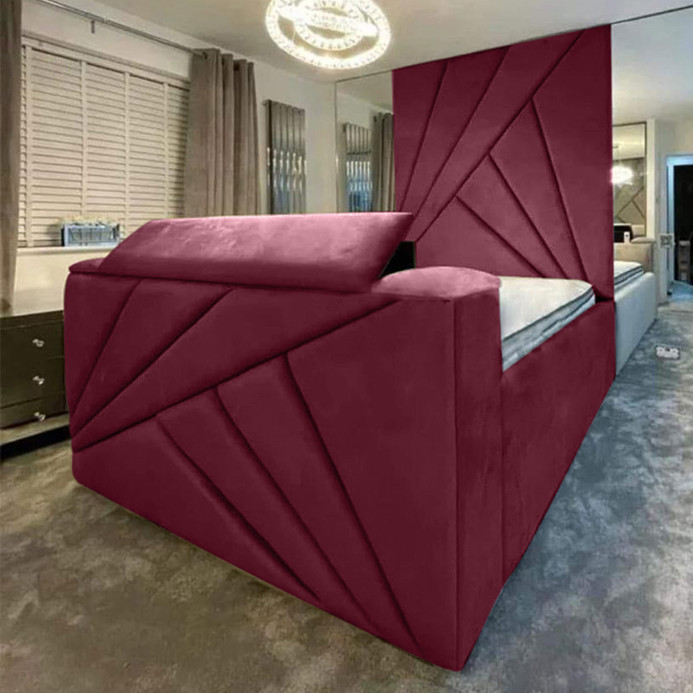 Eleganza Home Tina King Size Maroon Plush Velvet Bed Frame with Headboard and Remote Image 1