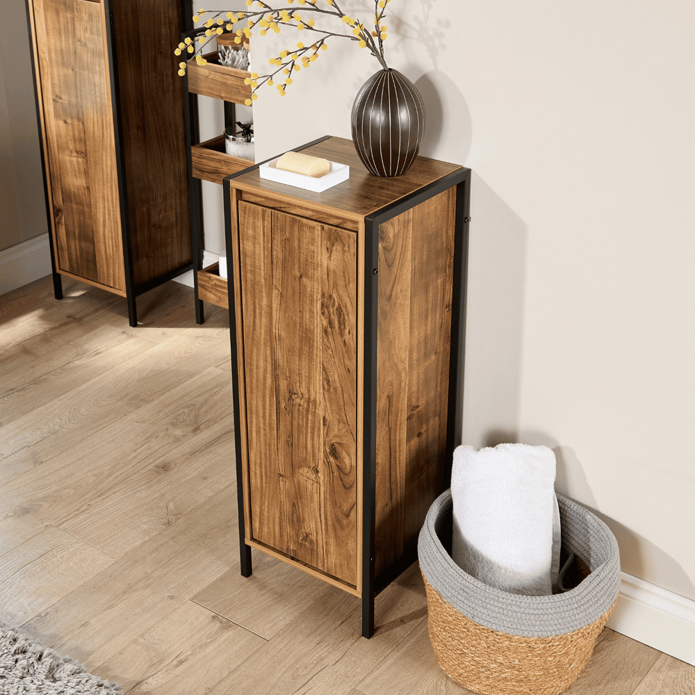 Home Source Locastra Single Door Oak and Black Bathroom Floor Cabinet Image 6