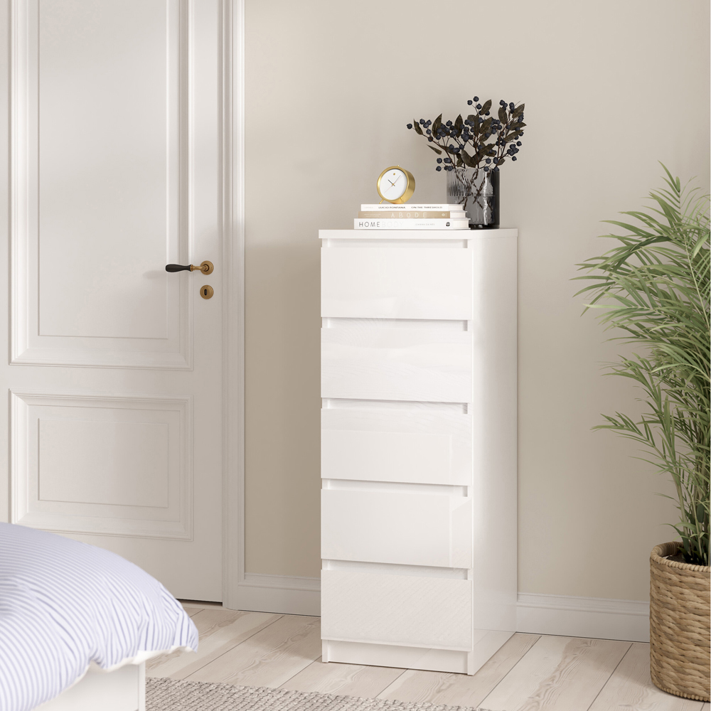 Florence 5 Drawer White High Gloss Narrow Chest of Drawers Image 6