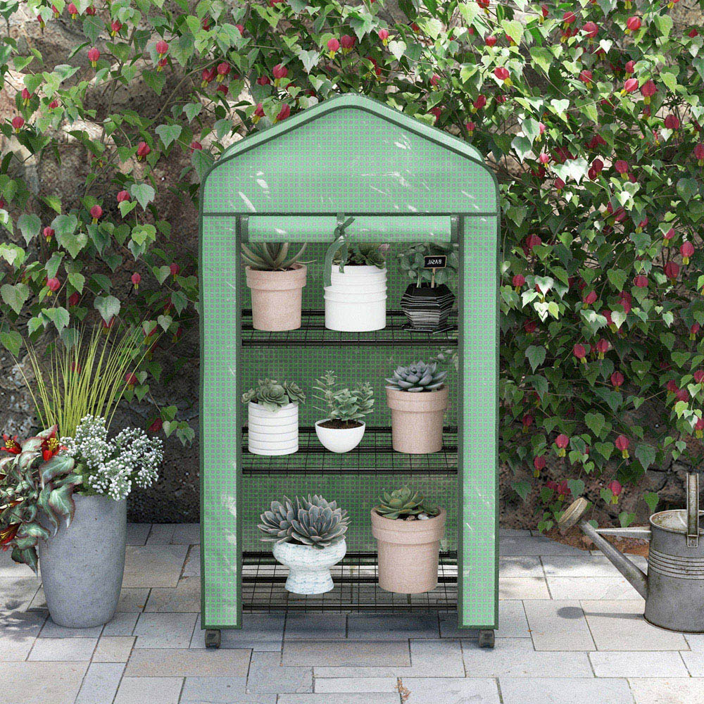 Outsunny Green 3 Shelf PE Cover 2.2 x 1.6ft Portable Mini Greenhouse with Roll Up Door and Wheels Image 4