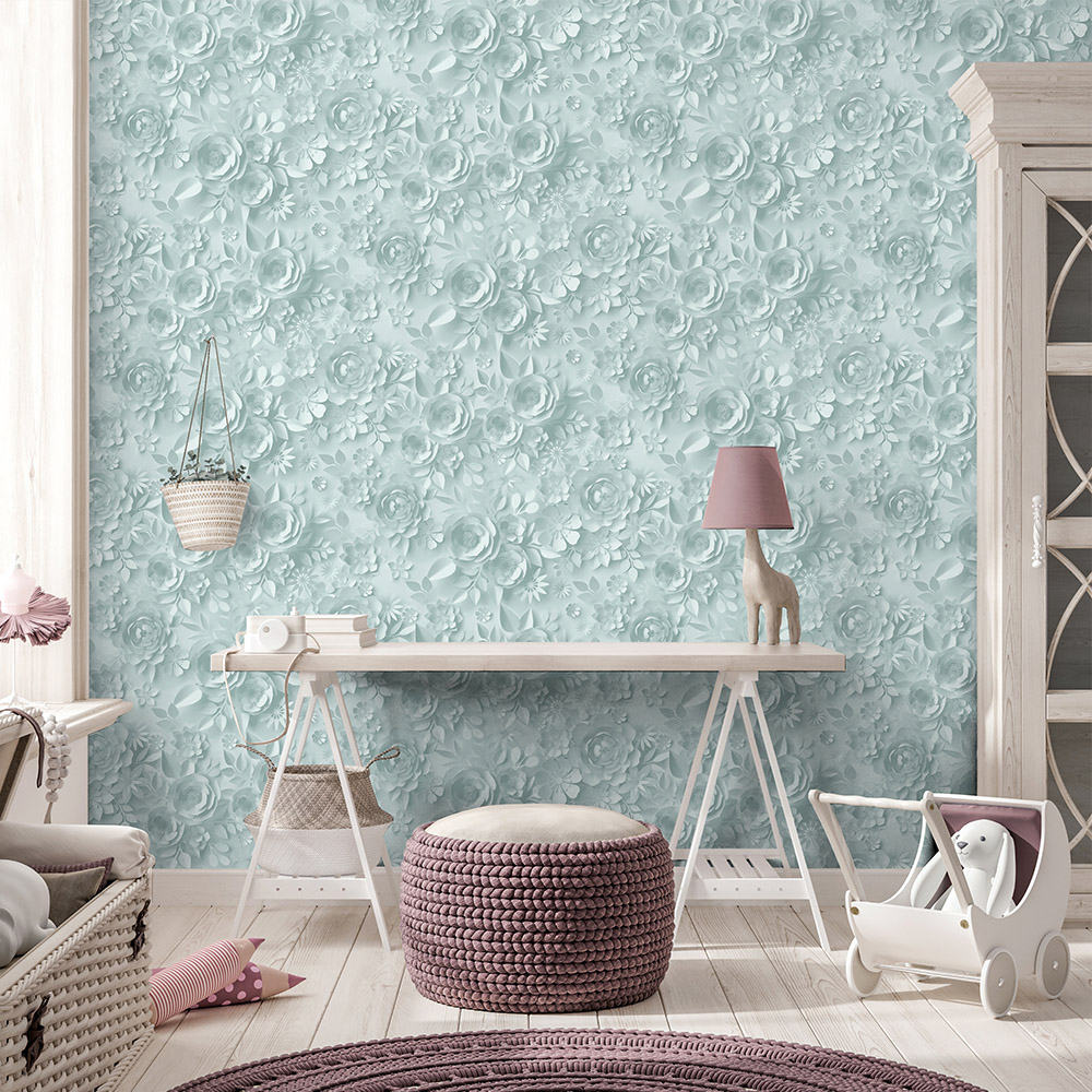 Muriva Origami Flowers Duck Egg Wallpaper Image 2