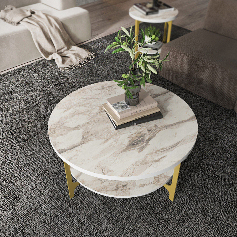 Decorotika Versy Single Shelf White Marble Effect and Gold Metal Leg Round Coffee Table Image 4