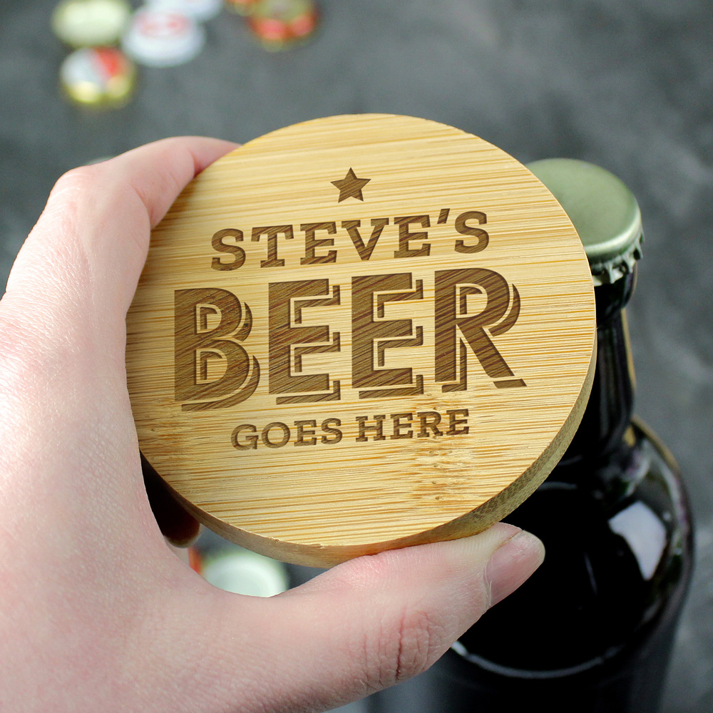 Personalised Memento Company Personalised Beer Goes Here Bamboo Bottle Opener Coaster Image 3