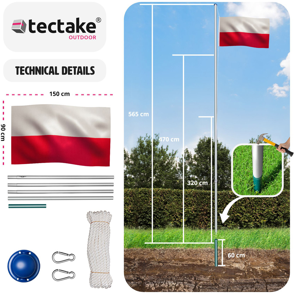 tectake Poland Flag with Flagpole 6.25m Image 6
