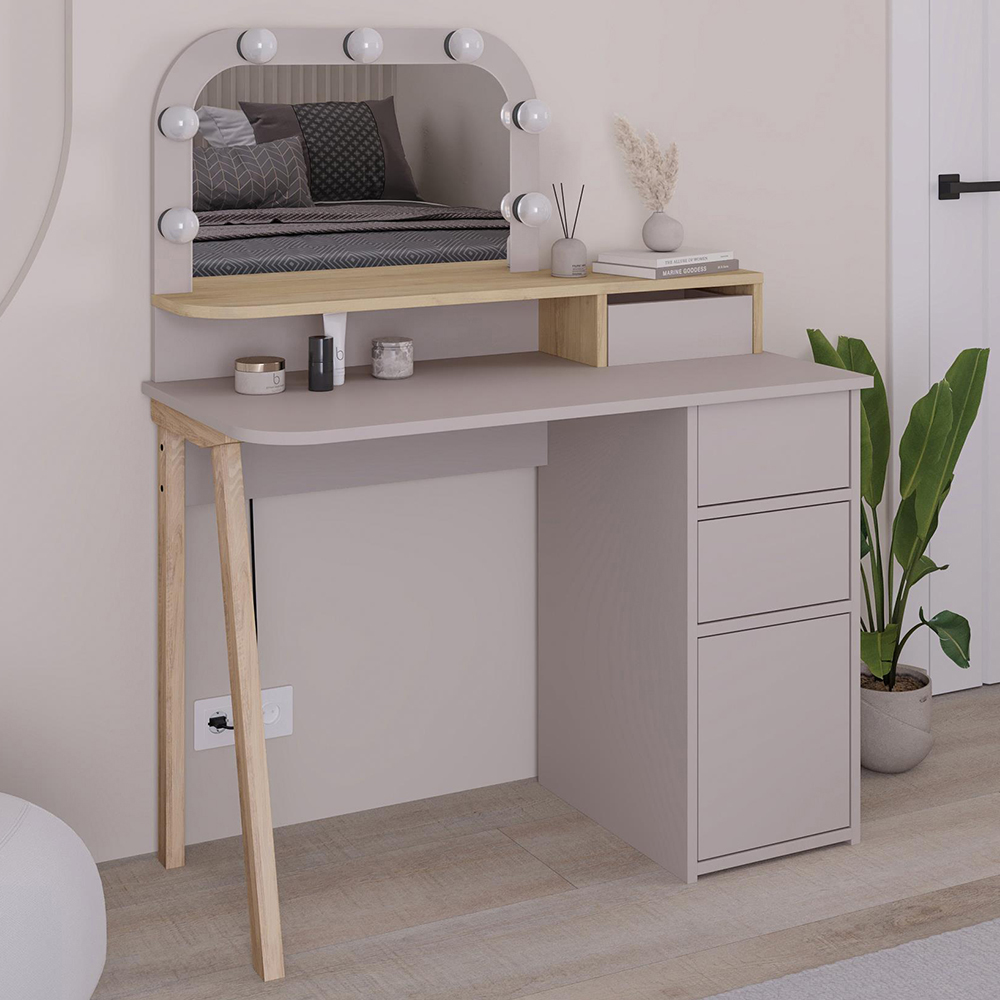 Decortie Avien 3 Drawer Single Door Mocha Grey and Oak Makeup Vanity Table with LED Mirror Image 1