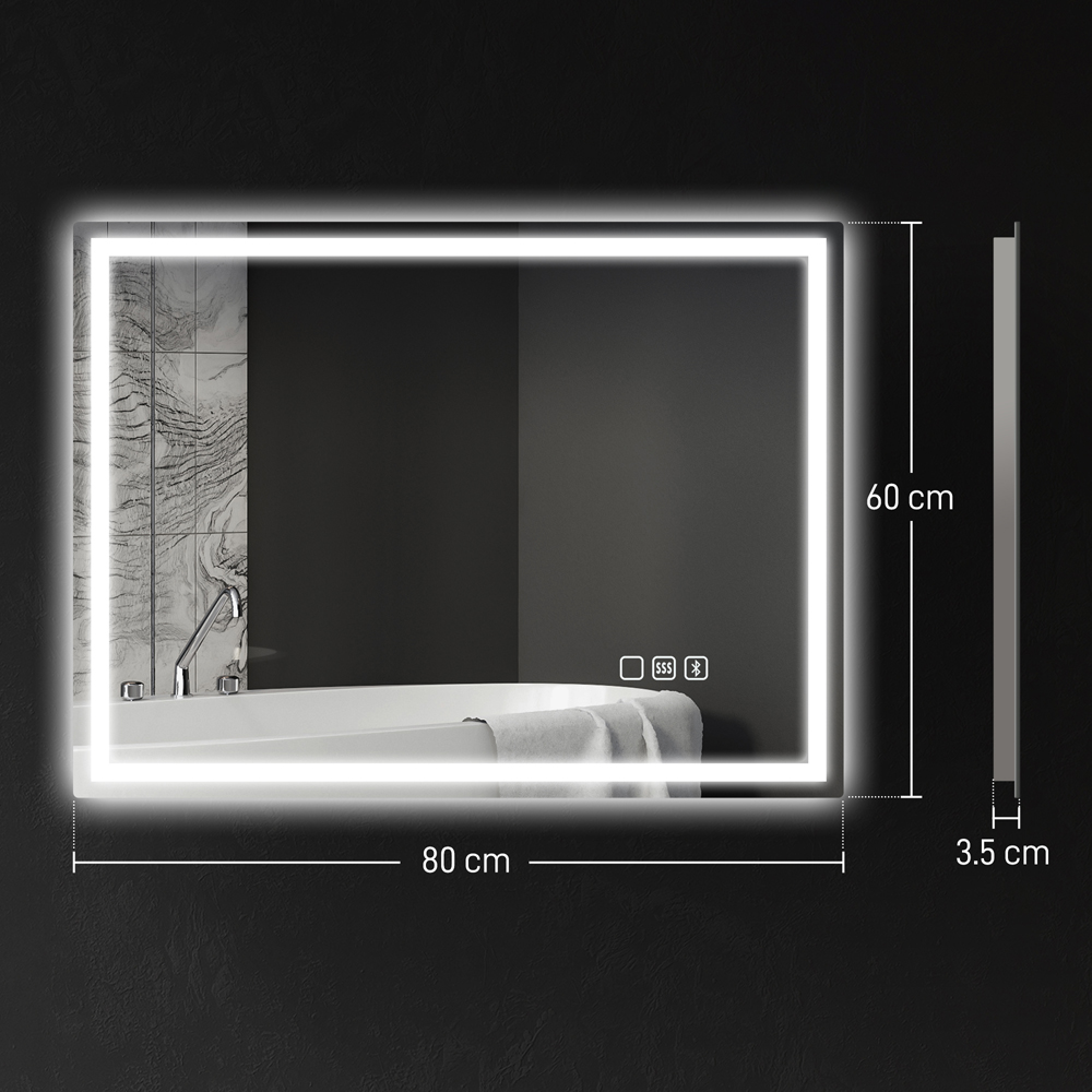 HOMCOM Bluetooth Frameless LED Bathroom Mirror with Demister Pad 60 x 80cm Image 9