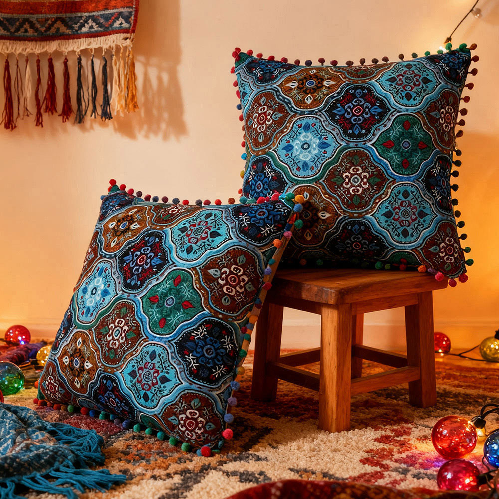 Living and Home Blue Turkish Style Romantic Square Throw Pillow 45 x 45cm 2 Pack Image 7