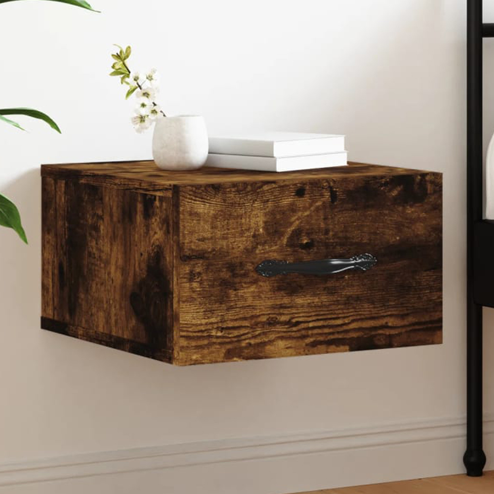 vidaXL Single Drawer Brown Wall Mounted Bedside Cabinet with Black Handle Image 1