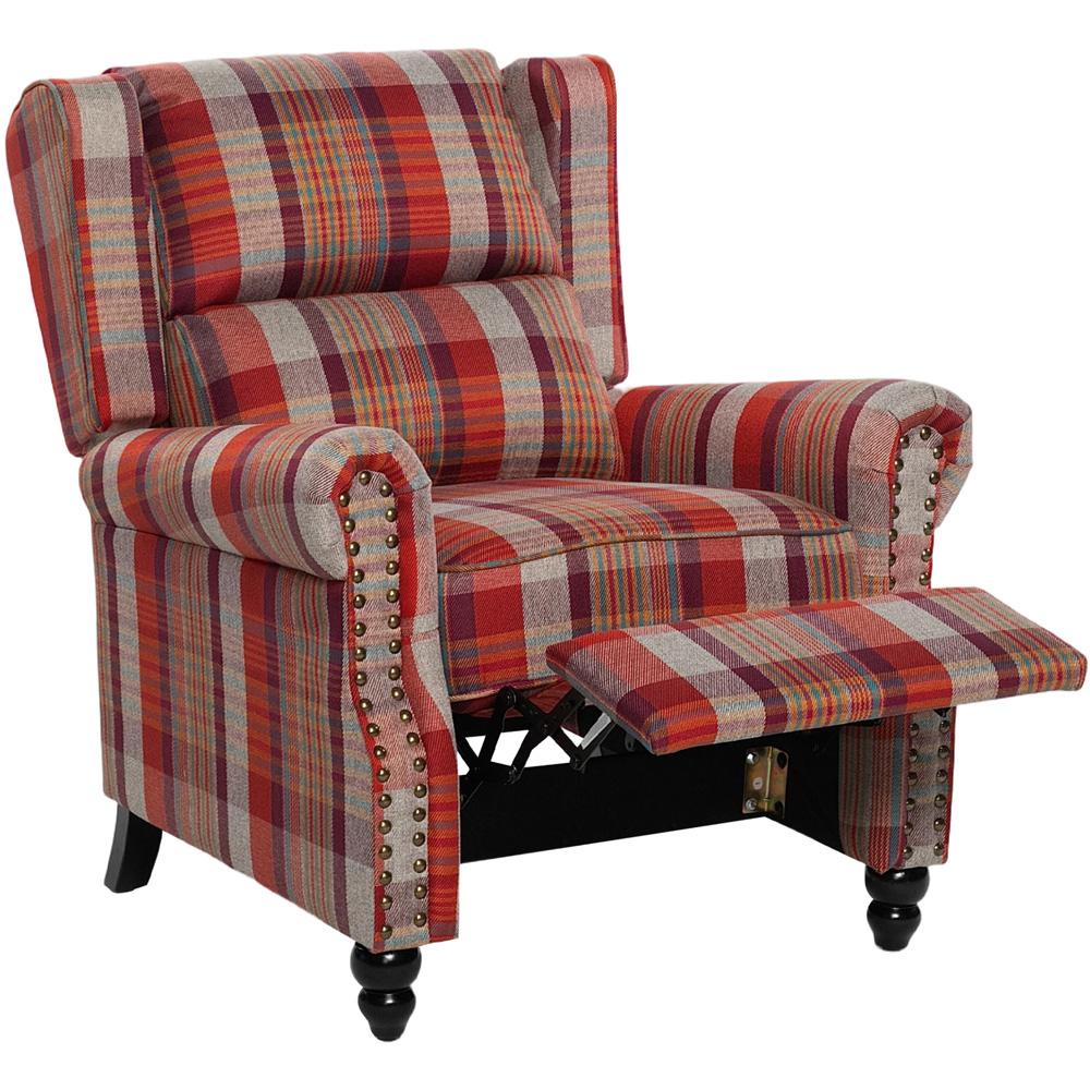 Living and Home Red Plaid Wingback Recliner Armchair with Adjustable Backrest and Footrest Image 5
