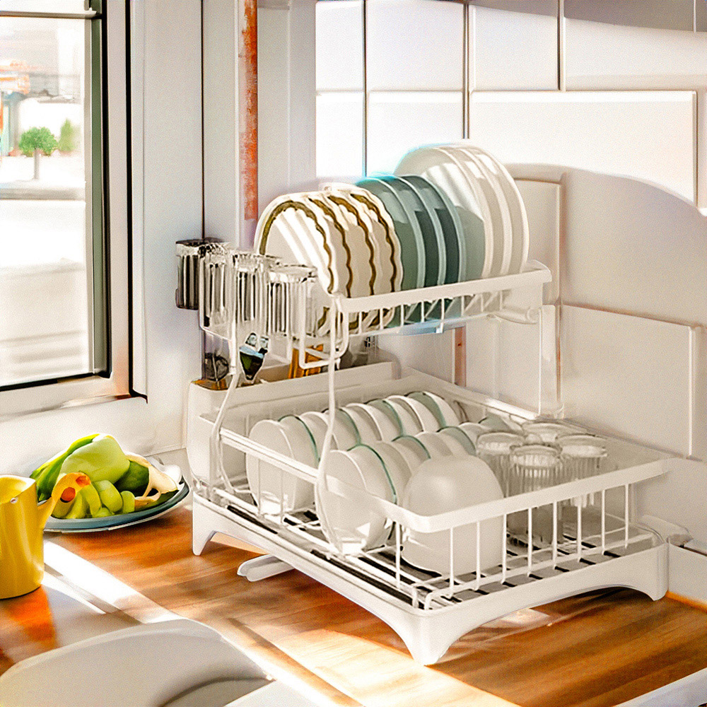 Living and Home White 2 Tier Kitchen Dish Drainer with Drying Tray Image 2