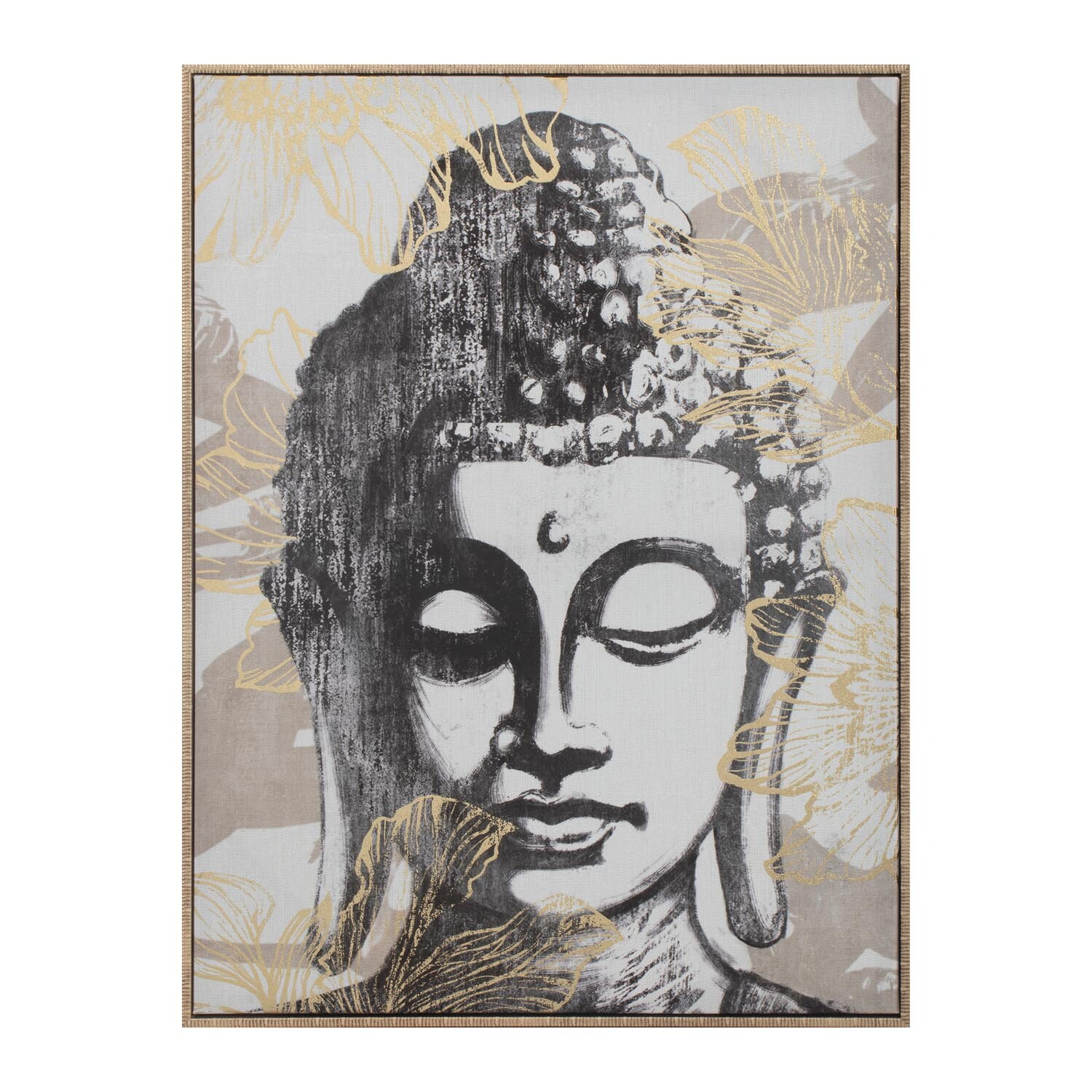 Gold Foiled Buddha Framed Canvas - Black and White Image 1