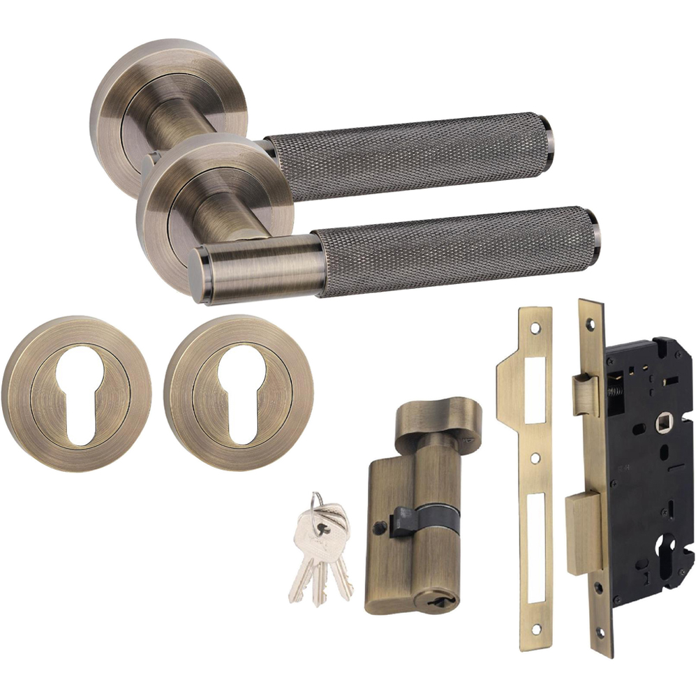 Golden Grace Straight T-Bar Knurled Antique Brass Door Handles Euro Lock Key and Thumbturn Set 70mm Image 1