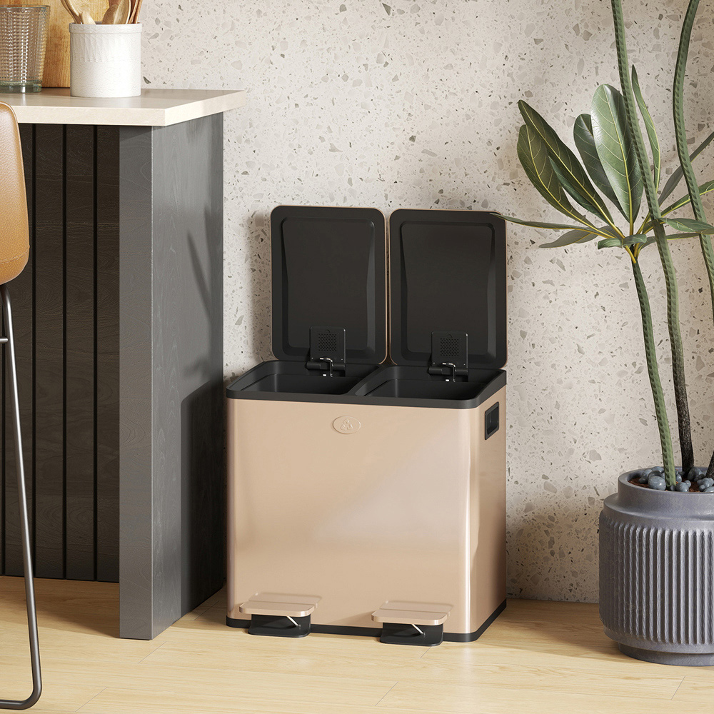 HOMCOM Gold Tone Stainless Steel Double Pedal Bin with Soft-Close Lid 30L Image 3