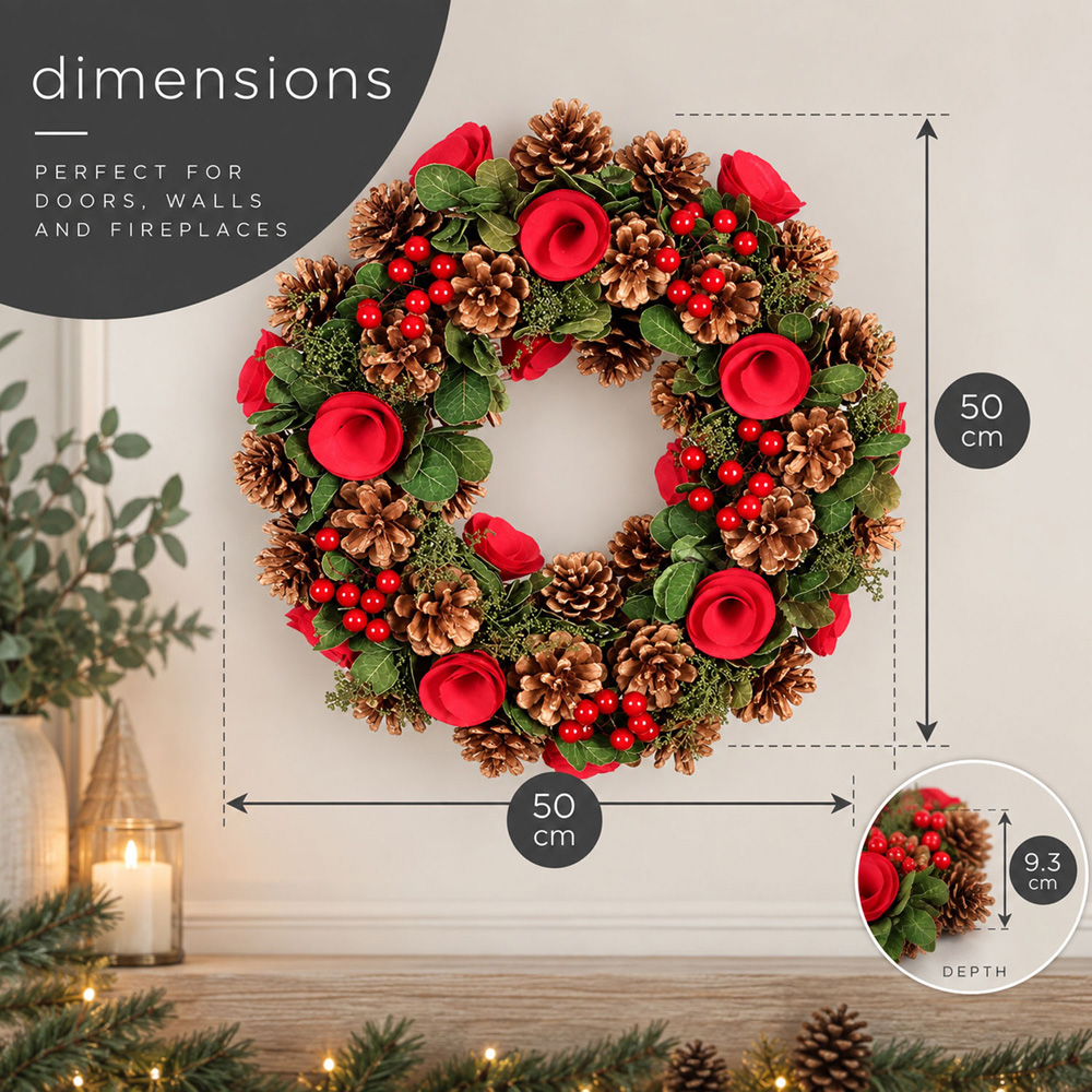 Neo Green and Red Artificial Christmas Wreath with Berries and Pine Cones 50cm Image 7