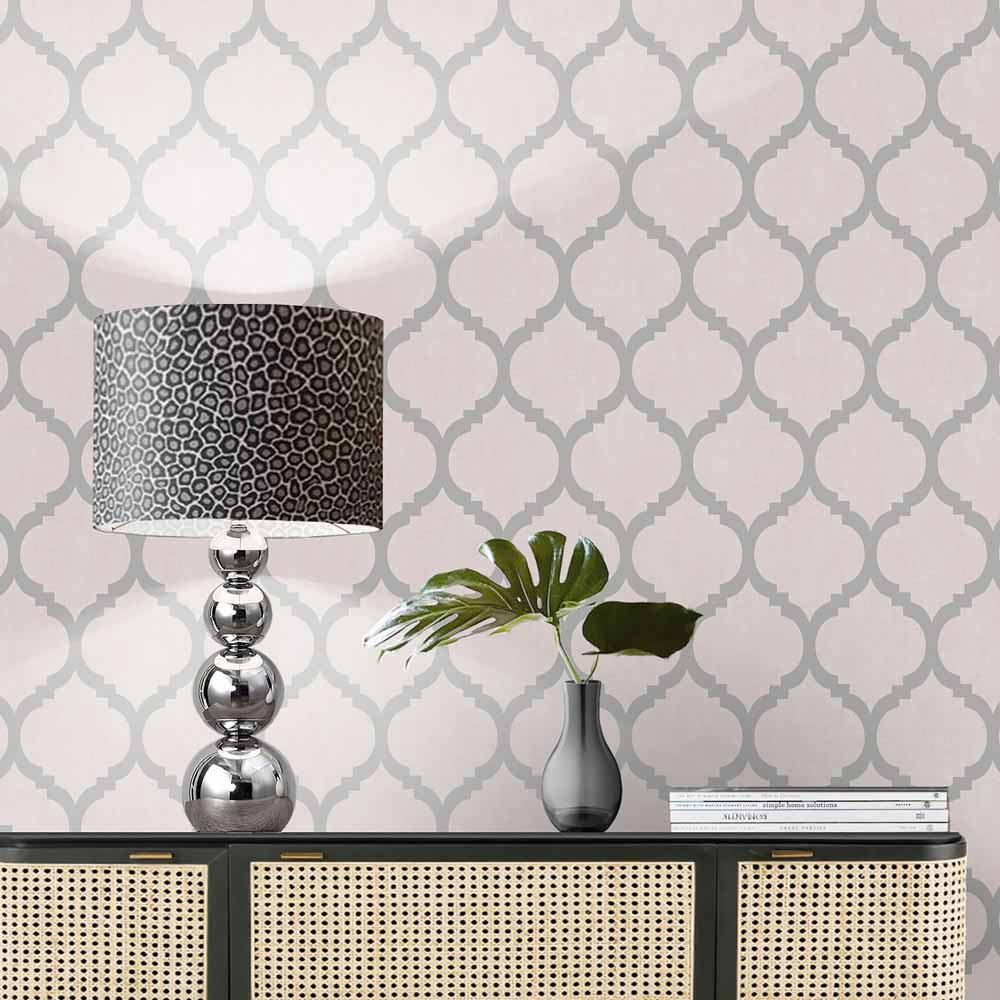 Darcy James Zara Trellis Pink and Silver Wallpaper Image 4