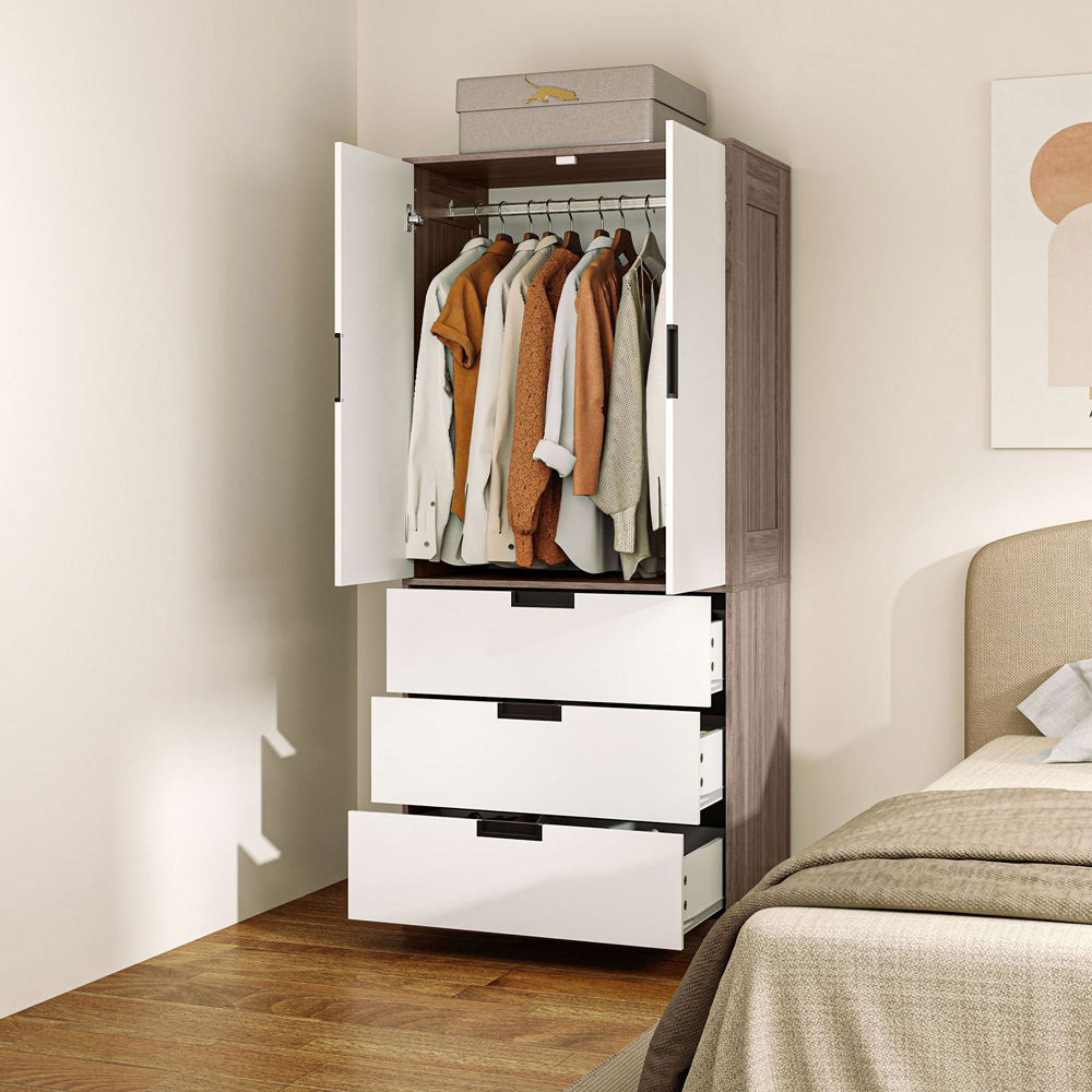 Portland 2 Door 3 Drawer Brown Wardrobe with Hanging Rod Image 3