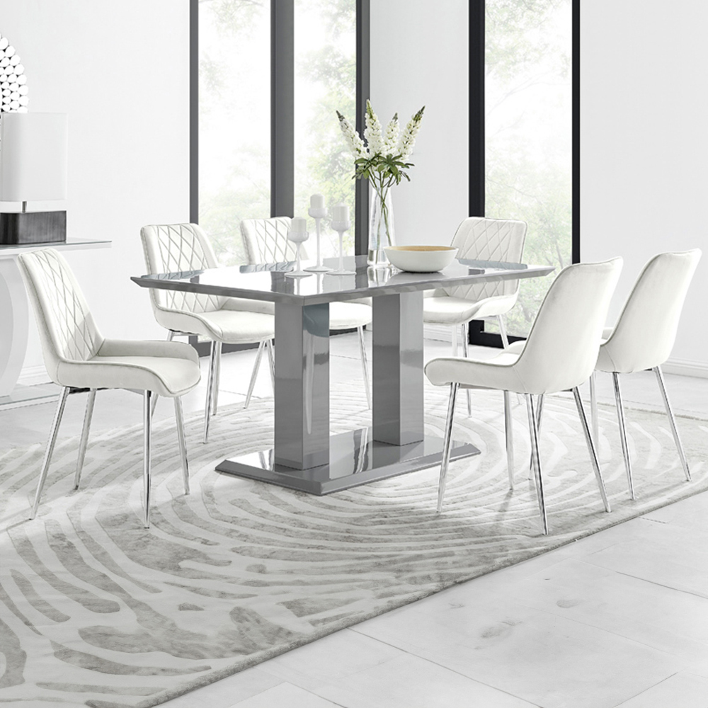 Furniturebox Molini Cesano 6 Seater Dining Set Grey Gloss Cream and Chrome Image 1