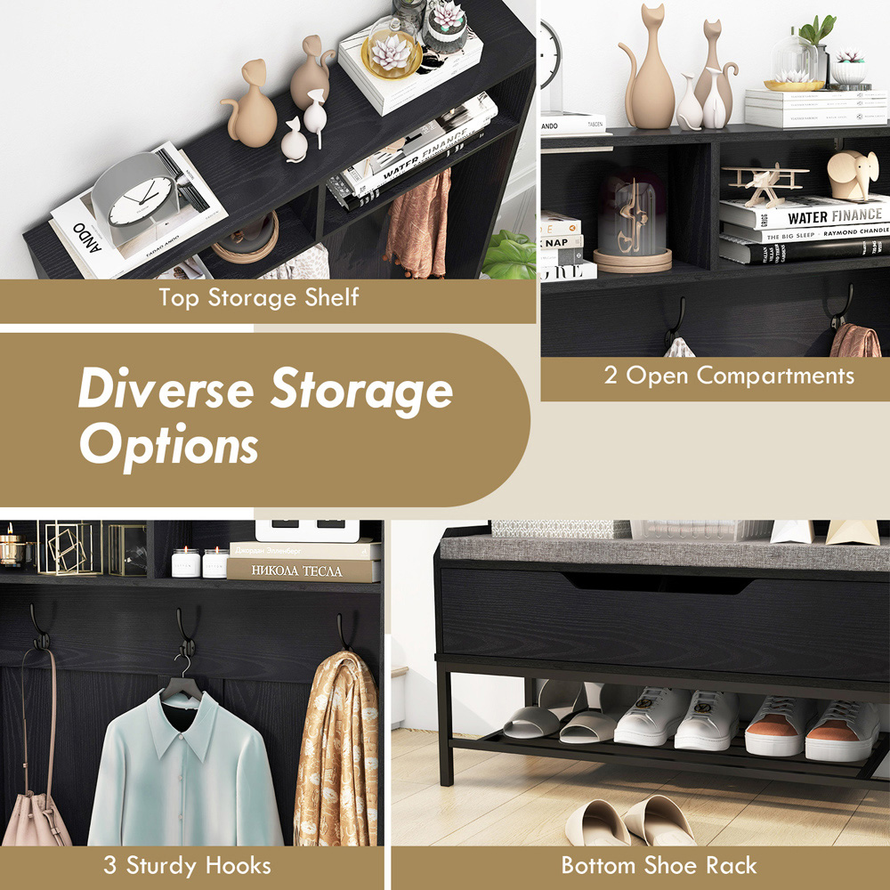 Costway 4 in 1 Black Coat Rack with Seat Cushion Image 6