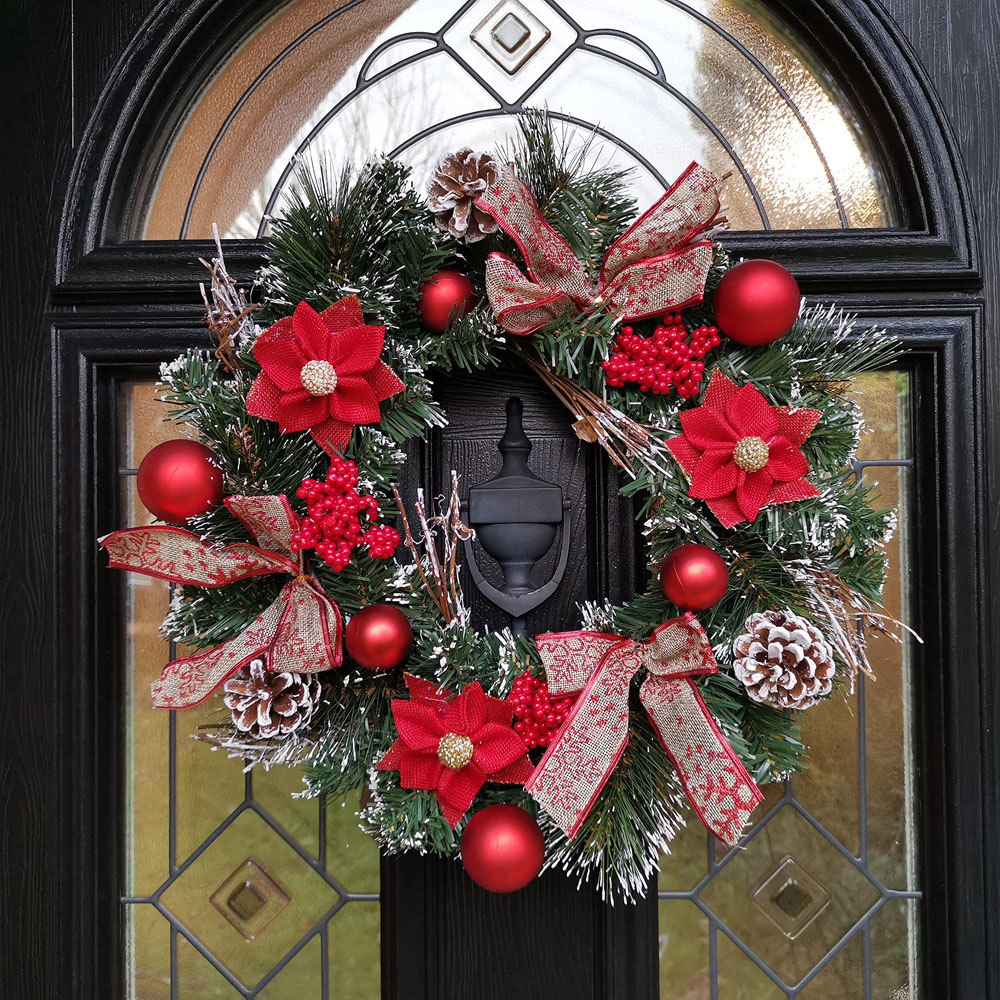 Premier Red Dressed Christmas Wreath with Baubles Bows and Pinecones 40cm Image 5