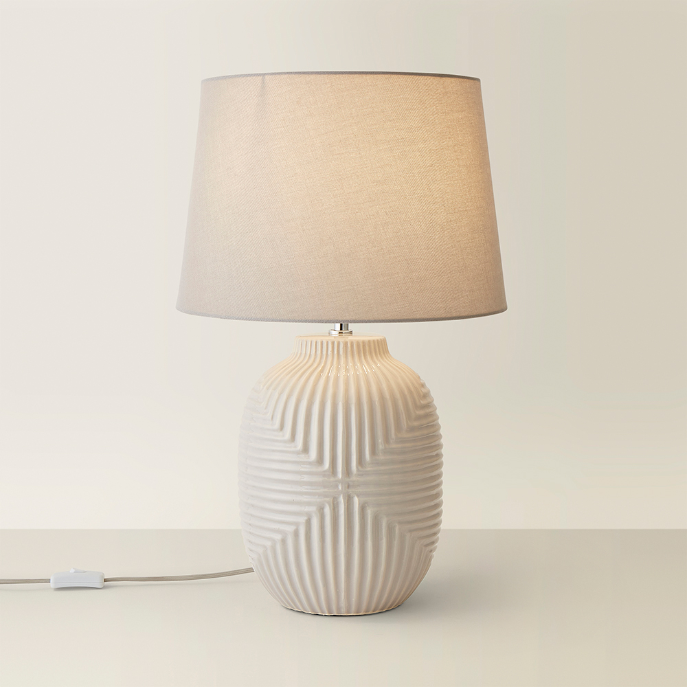 ValueLights Harrison Tapered Shade Grey Geo Ribbed Pattern Gloss Large LED Table Lamp Image 5