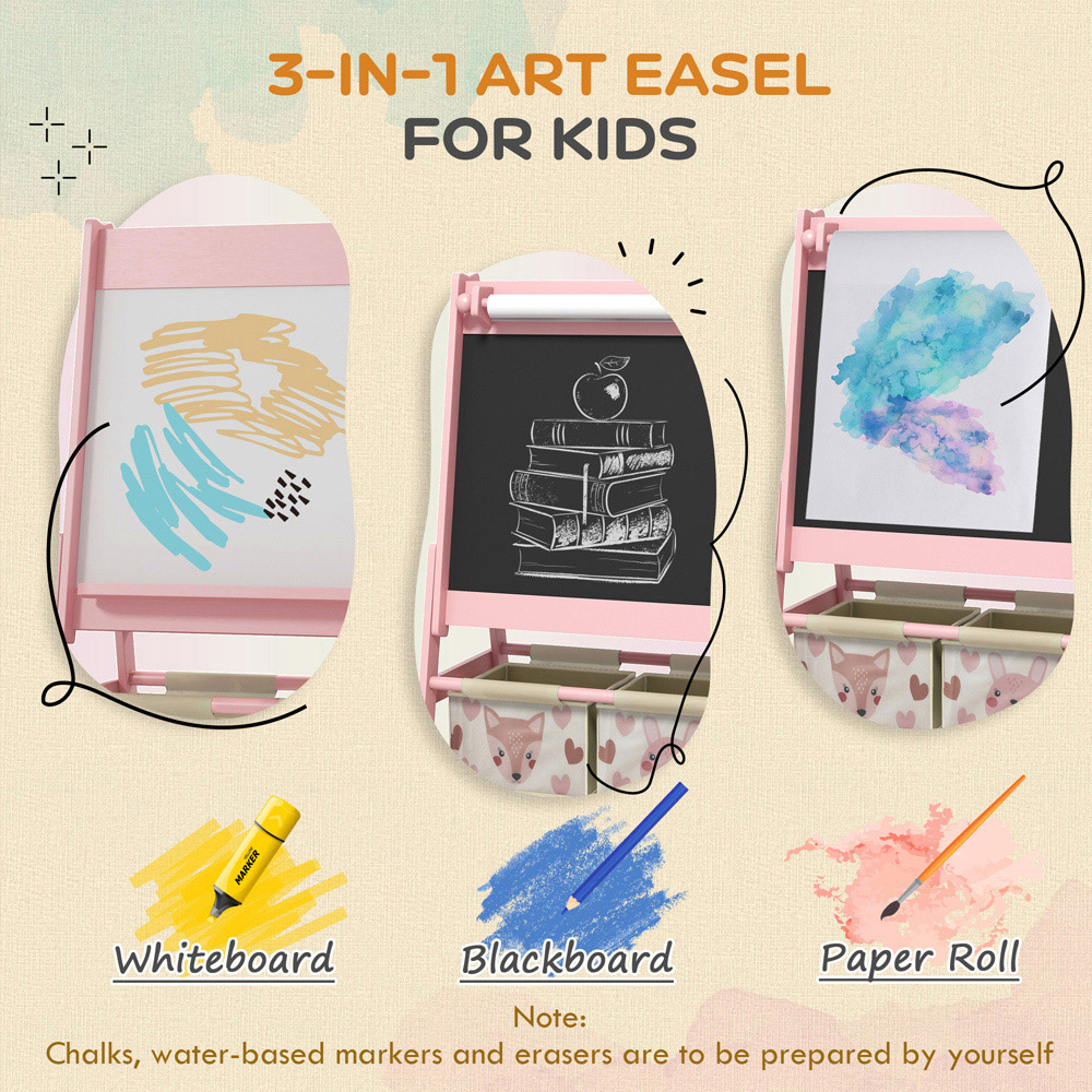 Tommy Toys 3-in-1 Kids Pink Animal Theme Double Sided Easel with Paper Roll and Storage Image 8