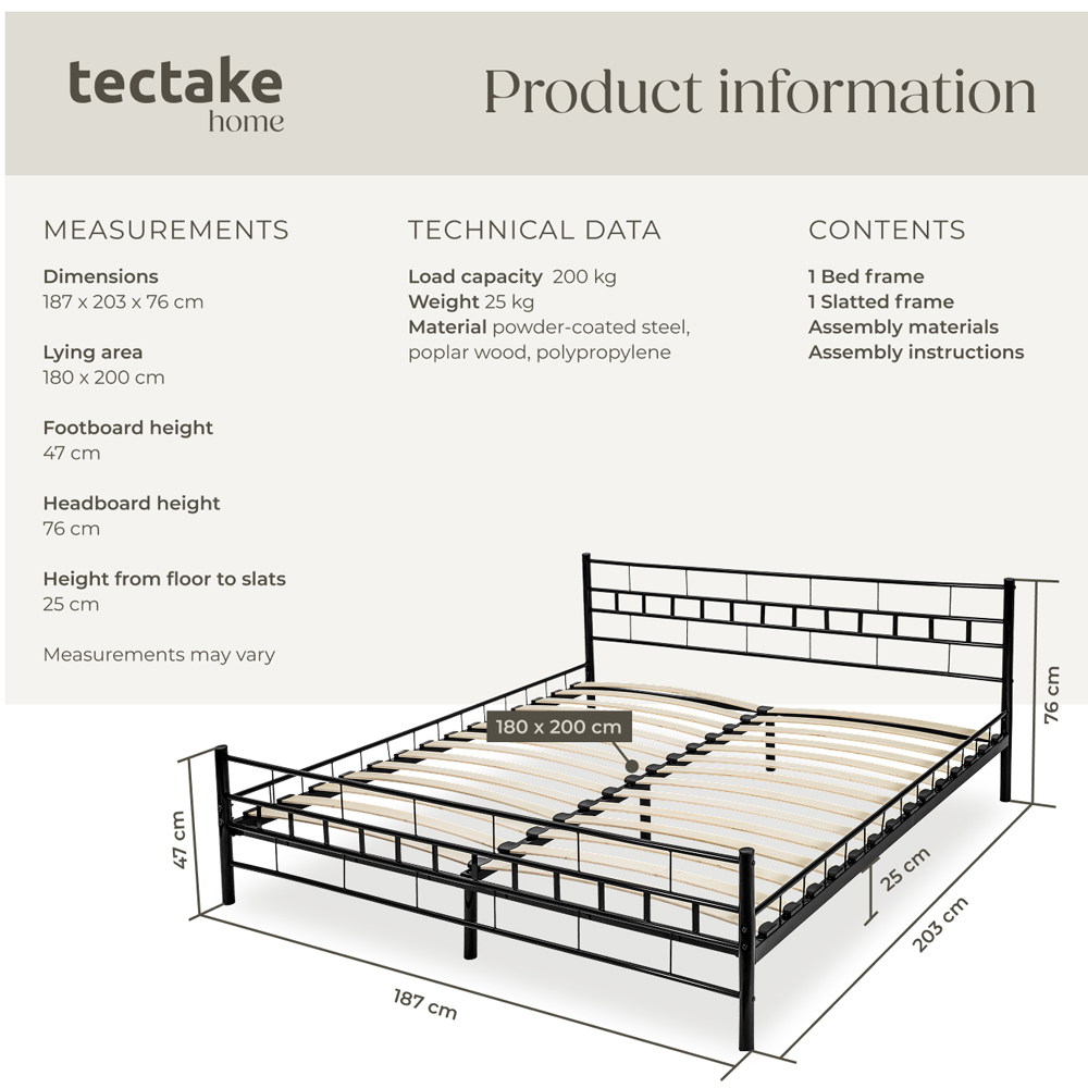 tectake Super King Size Black Slatted Base Metal Bed Frame Image 8