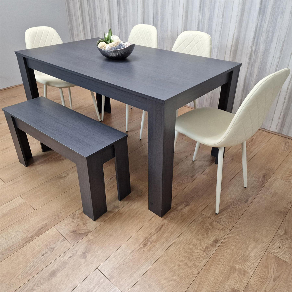 Portland Leather and Wood 6 Seater Dining Set Cream and Dark Grey Image 1