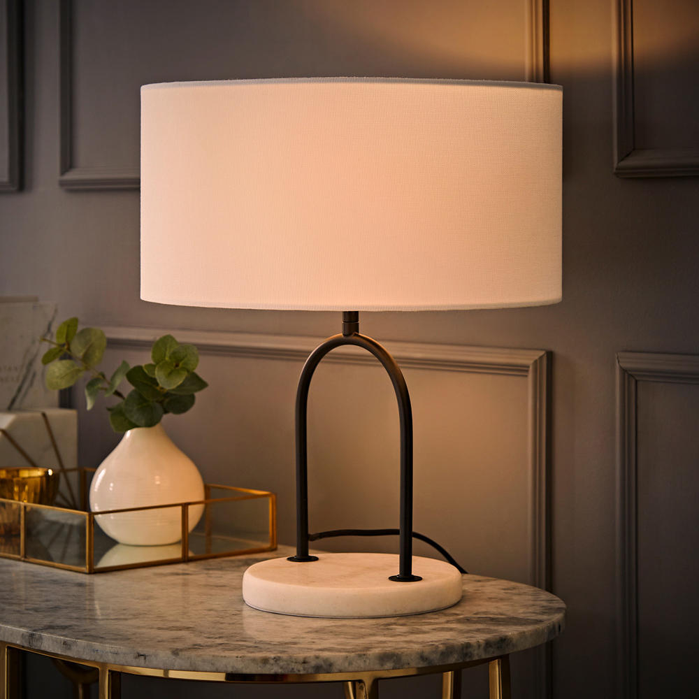 ValueLights Rachel White Linen Lamp Shade Black Arch Marble Base LED Table Lamp Image 6