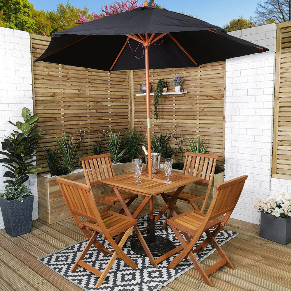 Samuel Alexander Wooden 4 Seater Folding Square Garden Dining Set with Black Parasol Image 1