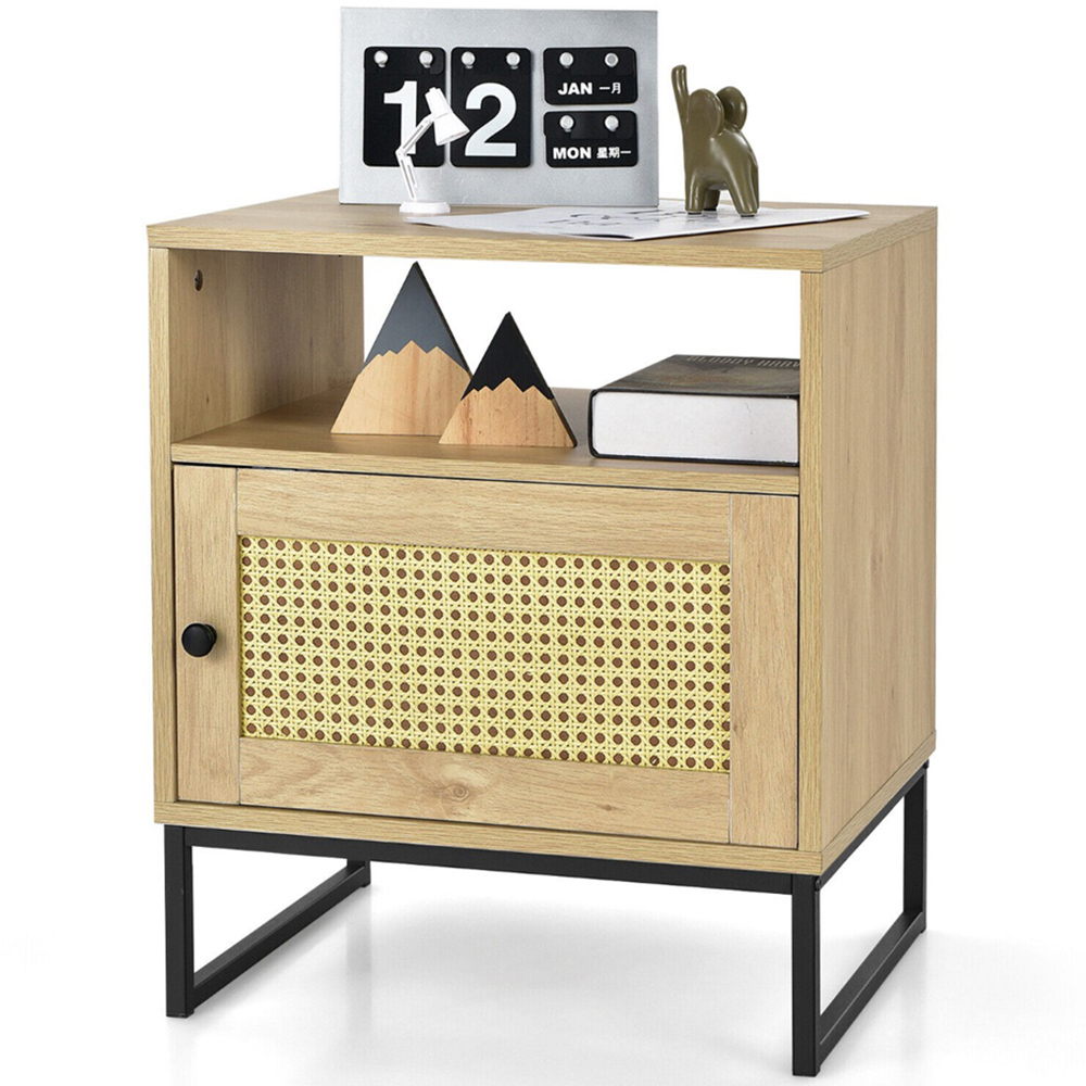 Costway Single Door Single Shelf Natural Rattan Modern Wooden Bedside Table Image 3
