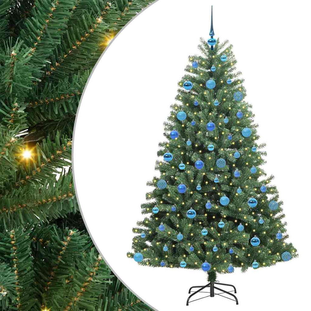 vidaXL Pre-Lit Blue Baubles Green Artificial Hinged Christmas Tree 6ft Image 2
