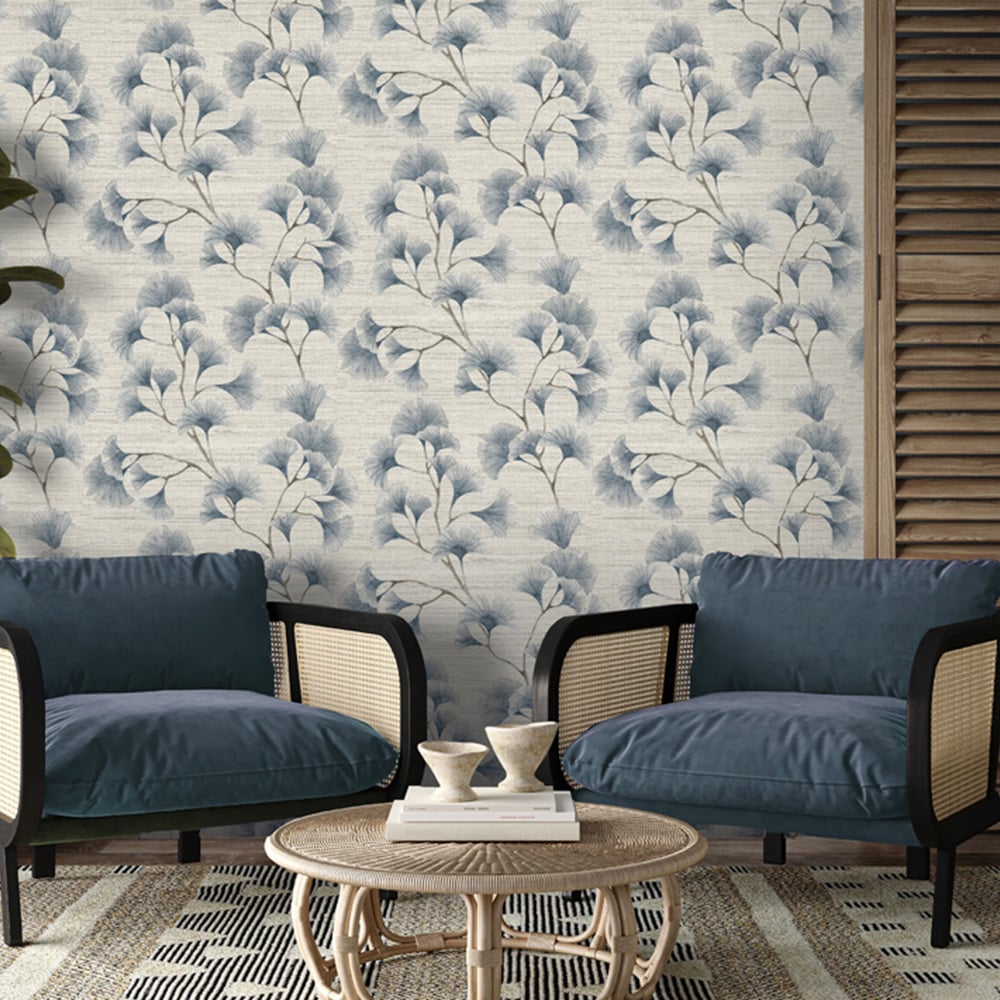 Arthouse Ginkgo Leaf Trail Blue and Grey Wallpaper Image 4