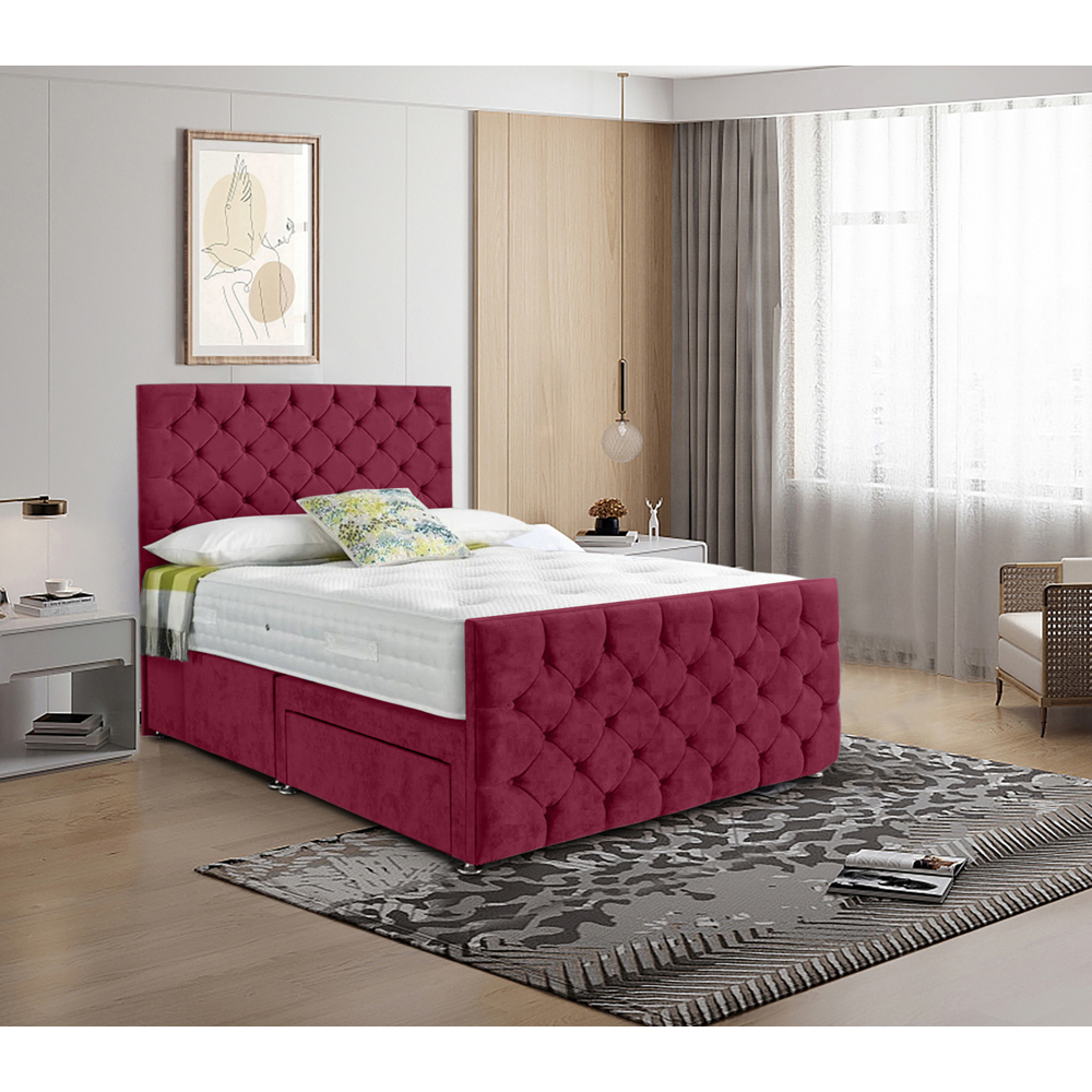 Eleganza Home Dreamscape Double Maroon Plush Velvet Single Drawer Divan Bed with Headboard Image 2