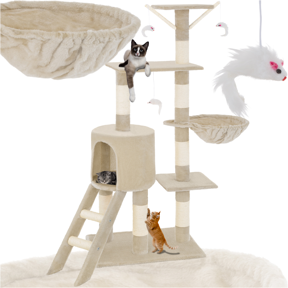 tectake Dominik Beige Cat Tree with Scratching Post 144cm Image 2