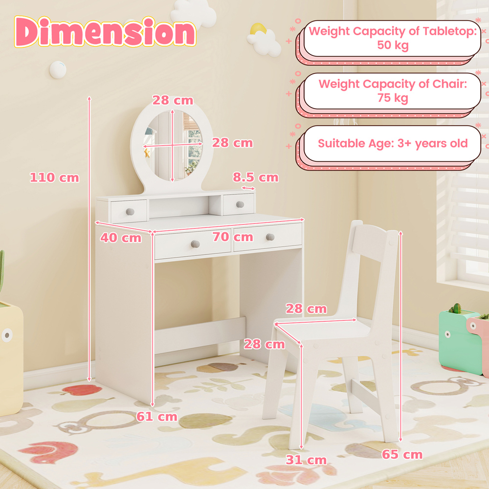 Costway 4 Drawer Single Shelf White Kids Vanity Set Image 9