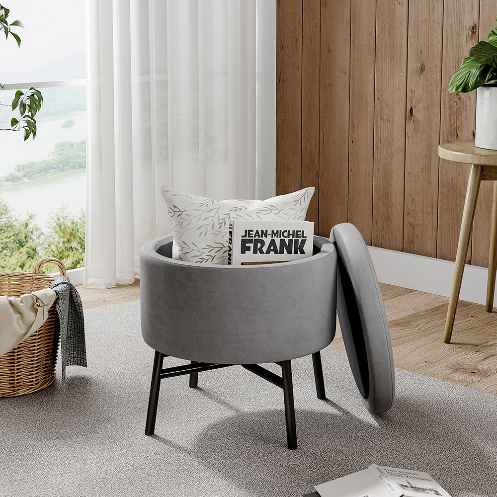 Living and Home Grey Contemporary Velvet Ottoman Image 8